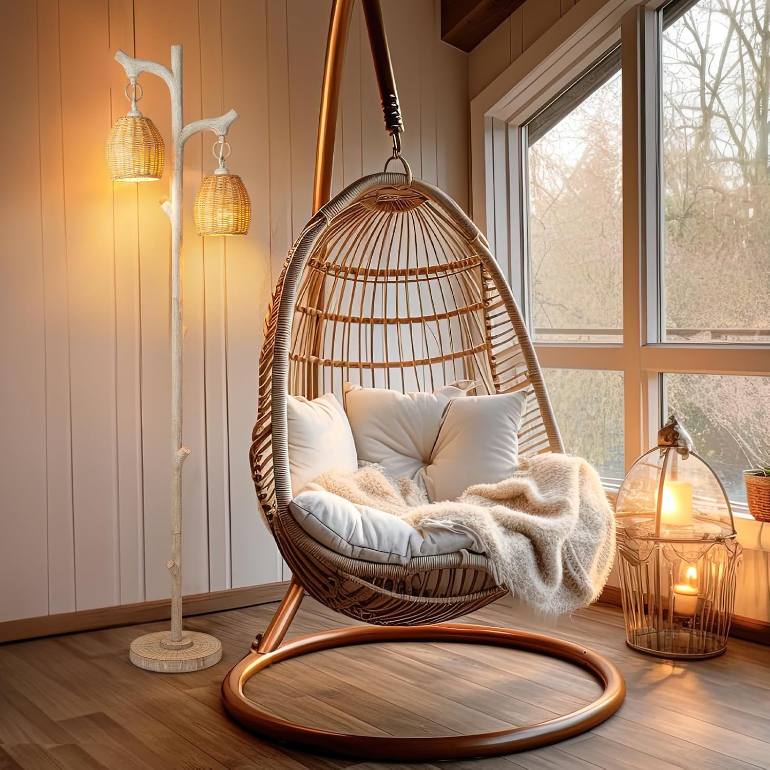 Scenekoy 68' High Farmhouse Rustic Country Cottage Floor Lamp Tree Trunk Faux Wood Column White Washed Wicker Drum Shade Decor for Living Room Bedroom Reading Room