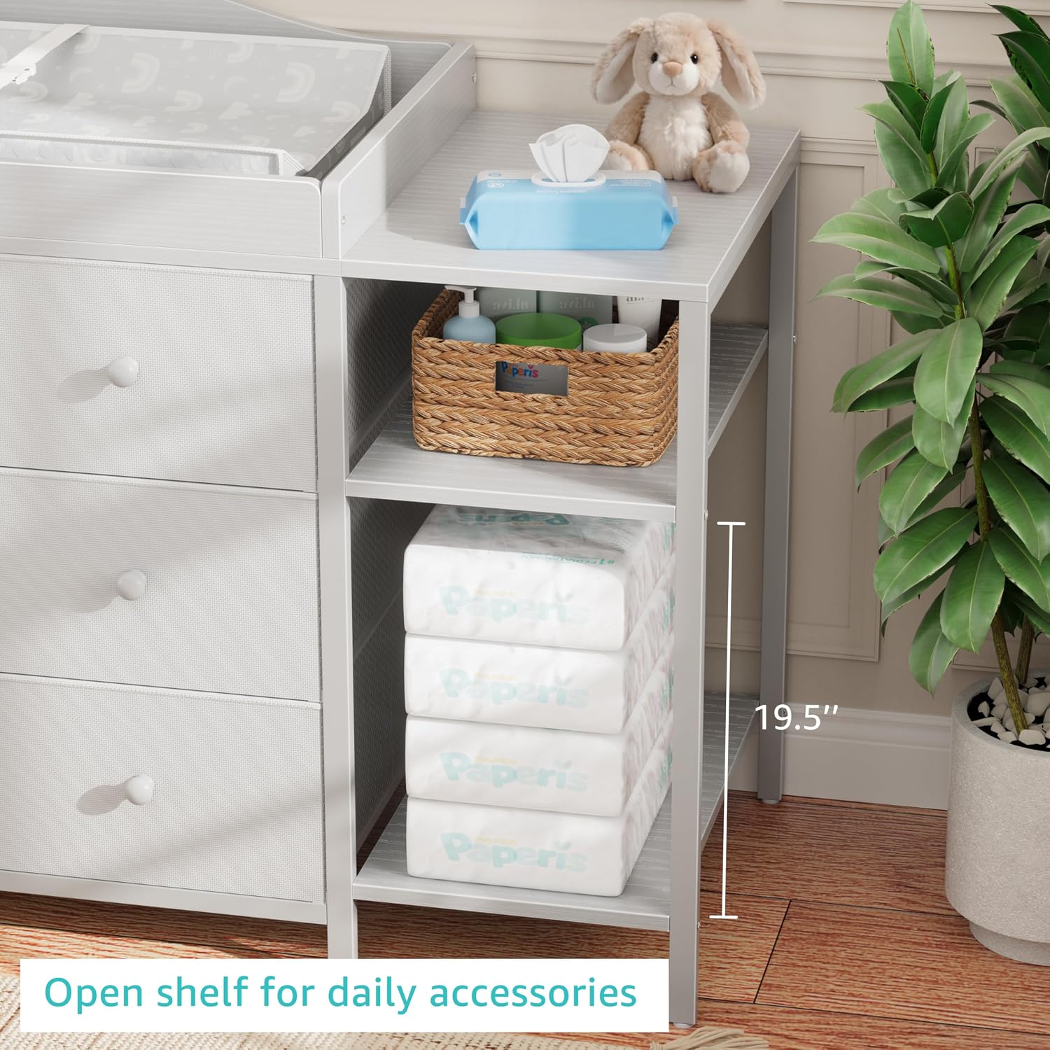BOLUO Baby Dresser with Changing Table Top, Gray Changing Table Dresser with 6 Fabric Drawers Diaper Changing Station with Storage Shelf for Nursery Modern