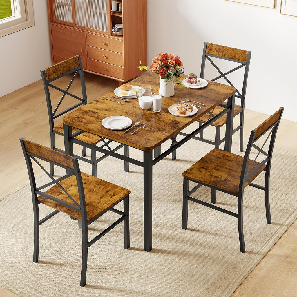 Zevemomo 5-Piece Dining Table Set, Breakfast Nook Table Set, Kitchen Table Chairs Set of 4, Small Dining Table Set for 4 X-Shaped Curved Backrest Chairs, for Small Spaces & Living Room-Rustic Brown