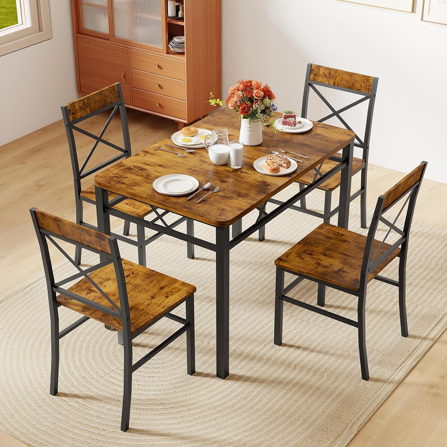 Zevemomo 5-Piece Dining Table Set, Breakfast Nook Table Set, Kitchen Table Chairs Set of 4, Small Dining Table Set for 4 X-Shaped Curved Backrest Chairs, for Small Spaces & Living Room-Rustic Brown