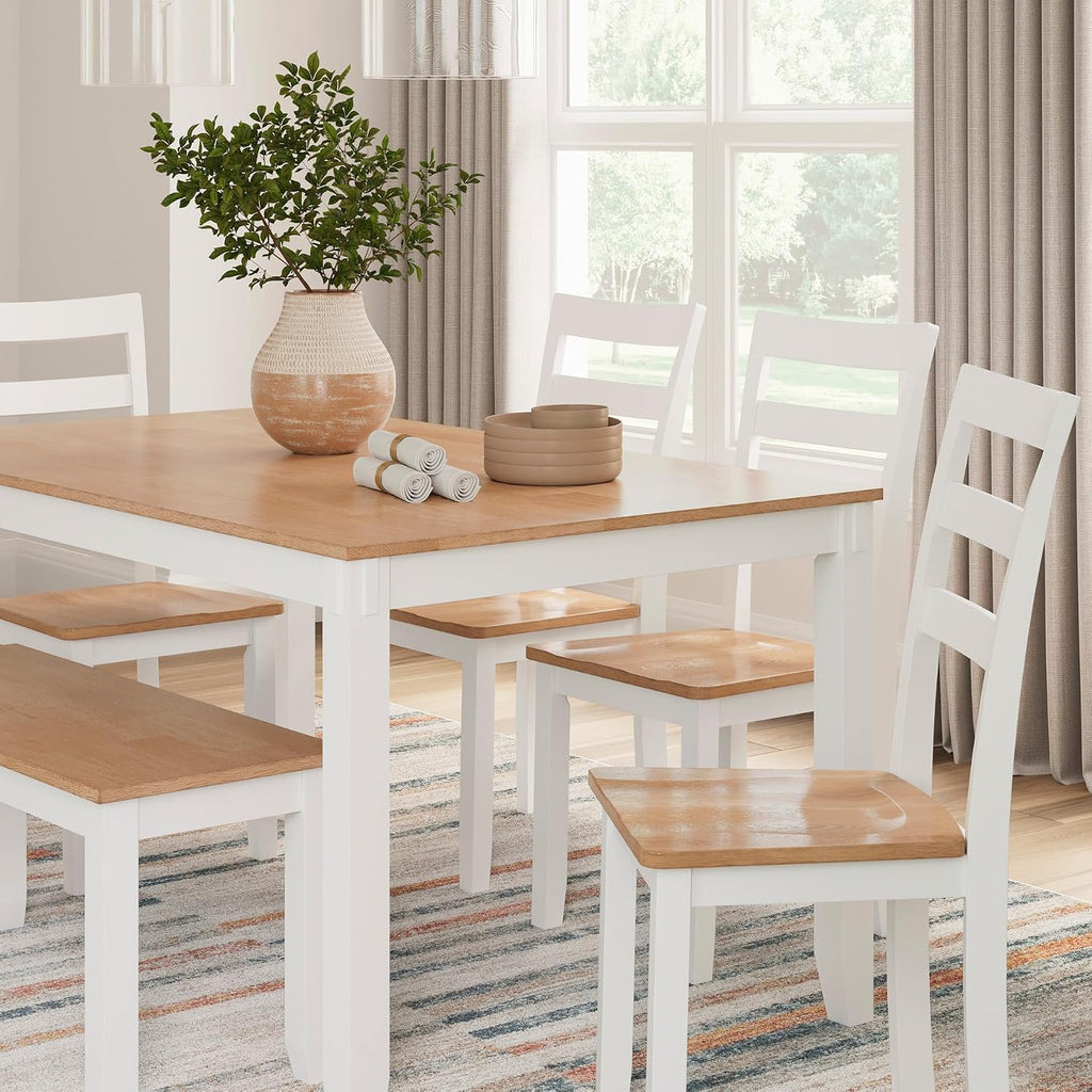 Signature Design by Ashley Gesthaven Casual Modern Dining Room Table Set with 4 Chairs and Bench, Set of 6, Mango Wood, 30.25' Table Height, White & Light Brown