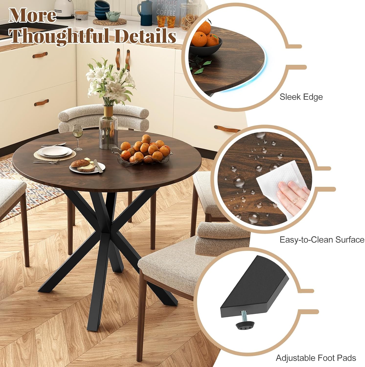 Giantex 36' Round Dining Table for 4, Farmhouse Kitchen Table with Rubber Wood Legs, Adjustable Foot Pads, Dining Room Tables for Dinette, Small Space, Dinner, Living Room, Restaurant, Espresso