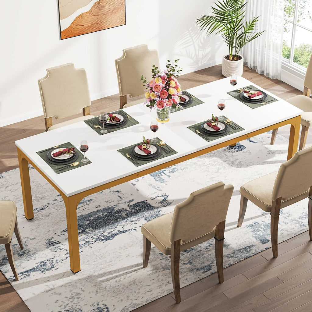 Tribesigns Dining Table for 6-8 Person, 78 inch Long Rectangular Kitchen Dining Table for Living Room and Dining Room, 78.7 x 27.5 x 29.5 Inches(Only Table) (White + Gold)