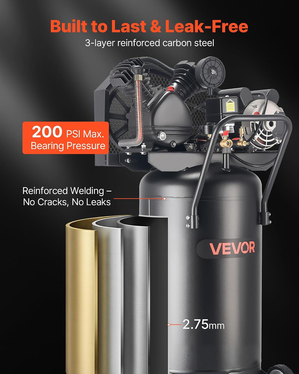 VEVOR 25-Gallon Air Compressor, 2HP 5.5 SCFM at 90PSI, Max 200PSI Pressure Oil-Lubricated Air Compressor Tank, Portable on Wheels for Auto Repair, Tire Inflation, Spray Painting, Woodwork Nailing 120V