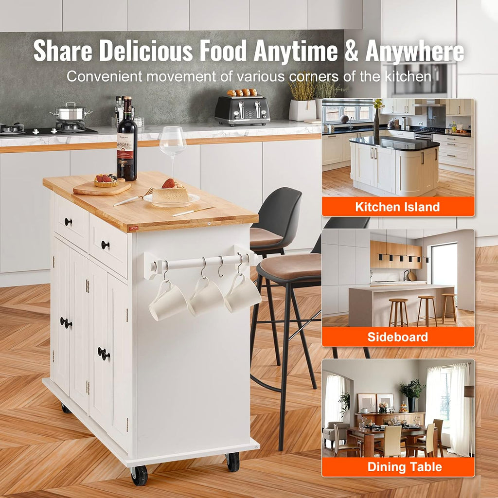 VEVOR Kitchen Island Cart with Solid Wood Top, 35.4' Width Mobile Carts with Storage Cabinet, Rolling Kitchen Table with Spice Rack, Towel Rack, and Drawer, Portable Islands on Wheels, White