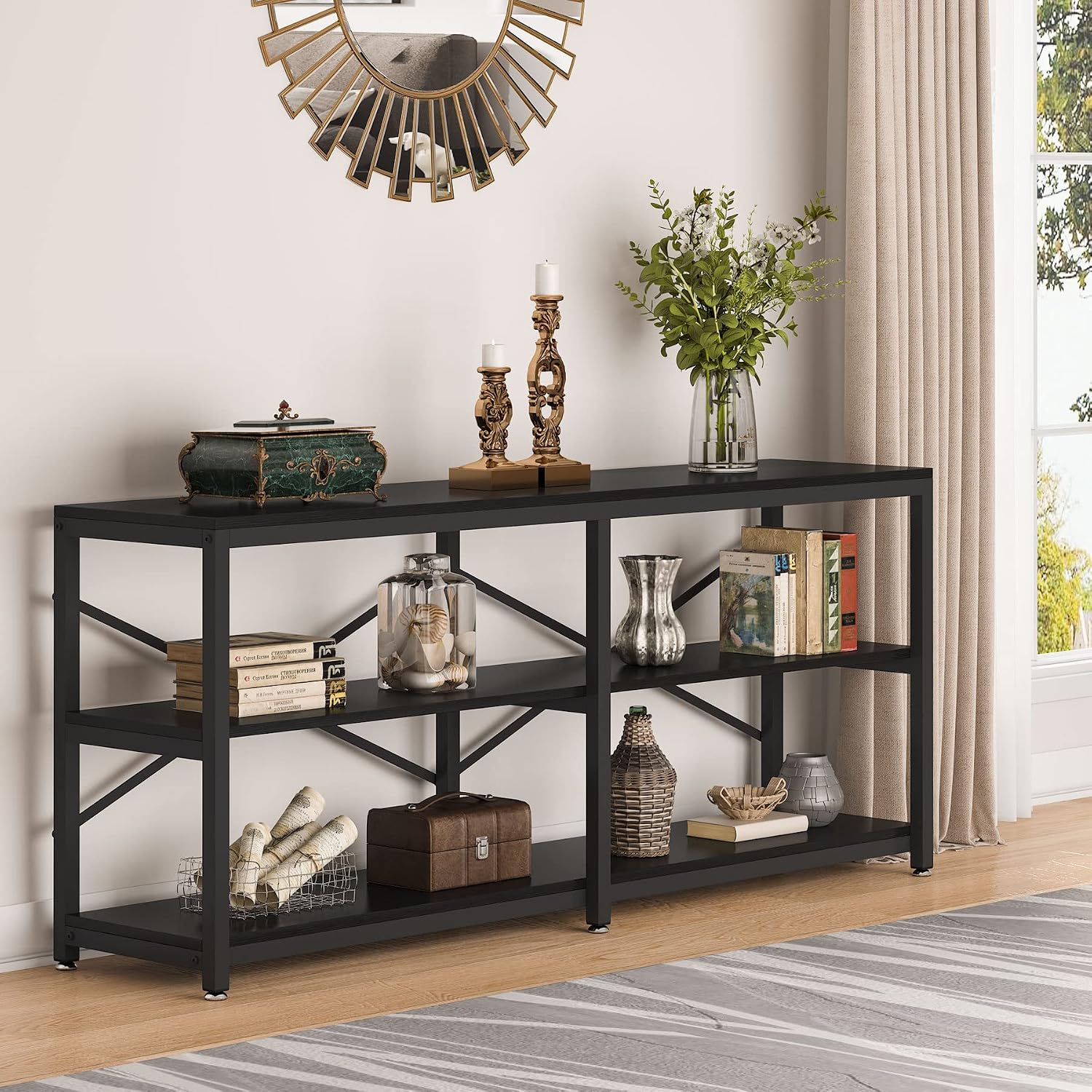 LITTLE TREE 70.9 Inch Long Console Sofa Table 3-Tier Industrial Sofa Table Behind Couch Table Hallway Entryway Table for Living Room, Black