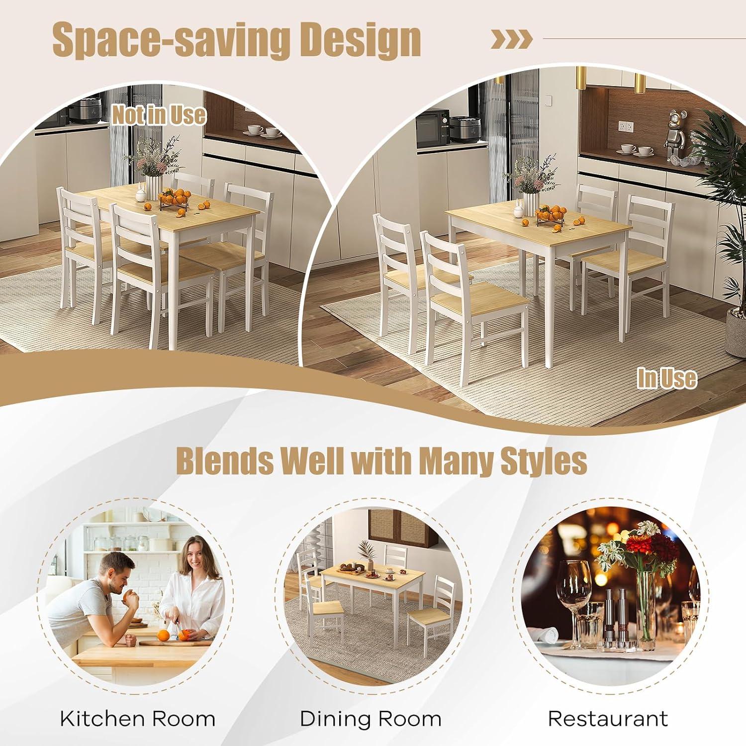 NAFORT Kitchen Table Set for 4, Solid Wood Dining Table and Chairs Set of 4, Farmhouse Dinner Table Set w/Rubber Wood Legs, Mid-Century Modern Dinette Set for Kitchen, Dining Room