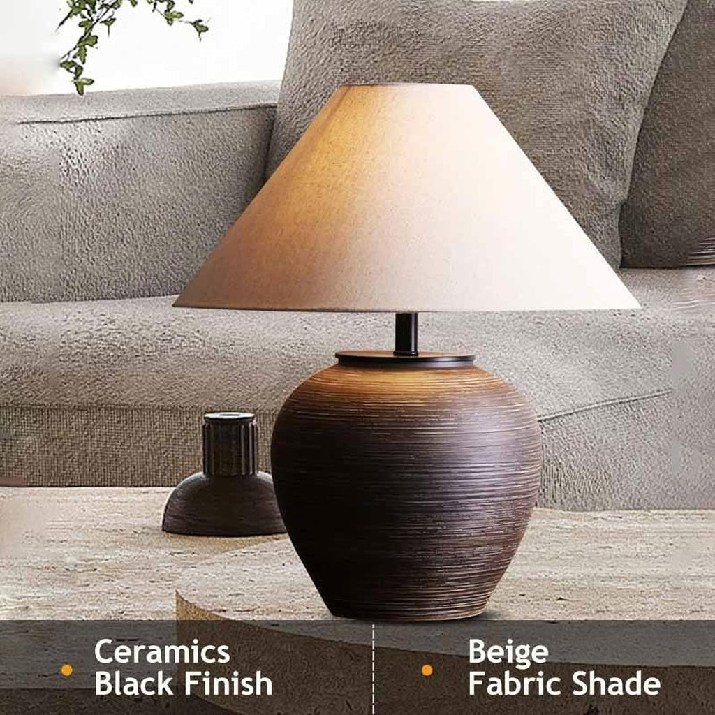 19.6'' Farmhouse Round Ceramic Table Lamp Rustic Retro Desk Lamp Brown Check Body with Off-White Fabric Shade Bedside Nightstand for Living Room Bedroom Home Office