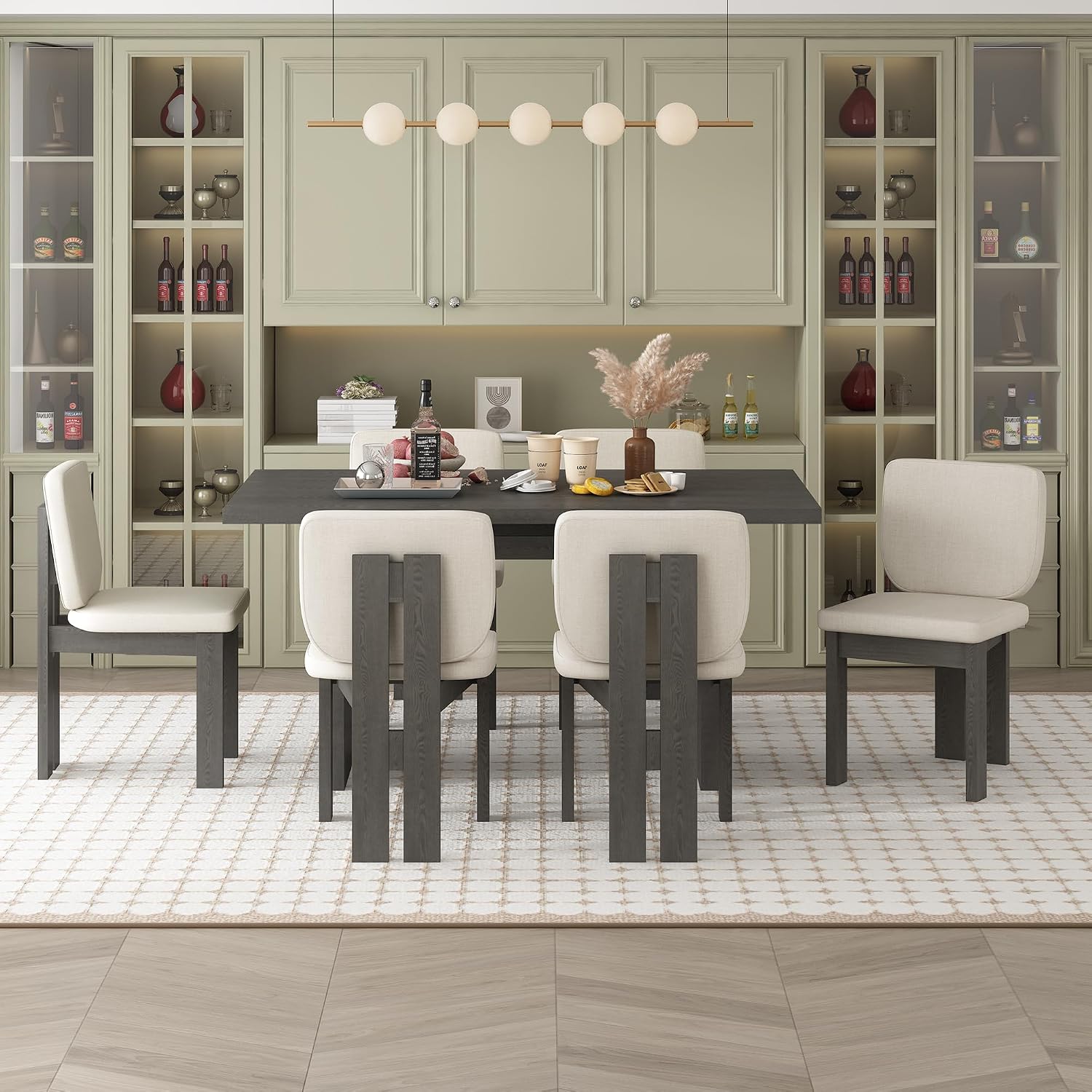 Merax Wood Dining Table Set for 6, Rectangular Tabletop/Upholstered Chairs/Retro Geometric Design, Ideal for Dining-Room and Kitchen, Grey