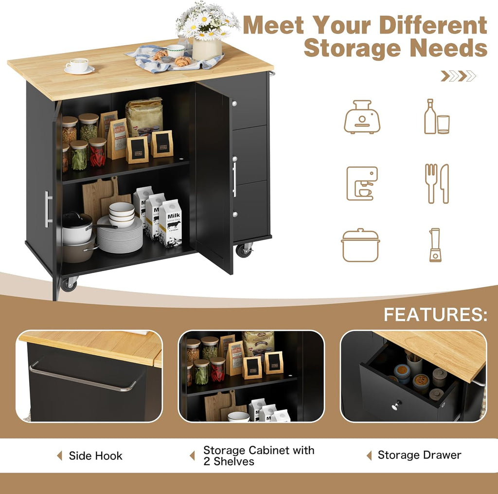 Shintenchi Kitchen Island with Folding Drop Leaf, Rolling Island Table with Storage, Kitchen Cabinet on Wheels with Seating Area for Kitchen, Bar Cart with Cabinet, Black