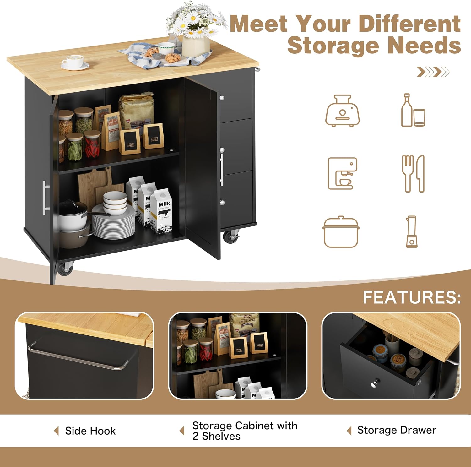 Shintenchi Kitchen Island with Folding Drop Leaf, Rolling Island Table with Storage, Kitchen Cabinet on Wheels with Seating Area for Kitchen, Bar Cart with Cabinet, Black
