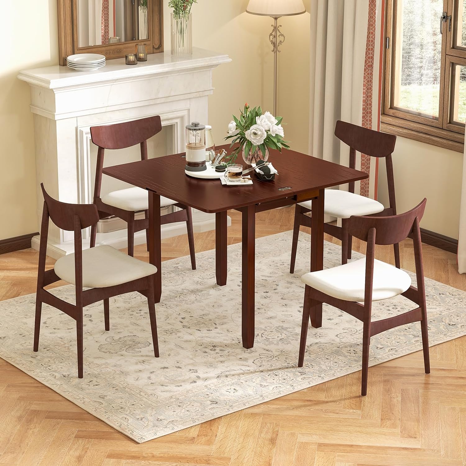 Tangkula 40' Foldable Dining Table, Kitchen Table w/Solid Rubber Wood Legs, Dual Drop Leaf Design, Farmhouse Diner Table for 2-4 People, Dining Room, Living Room, Restaurant (Rectangle)