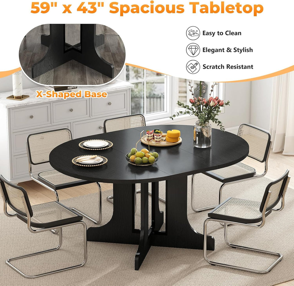 Zevemomo 43'-59' Round Expandable Dining Table, Extendable Dining Room Table for 4-6, Oval Tabletop with Wood Base Removable Leaf, Modern Black Circle Dinner Table for Kitchen Room Living Room