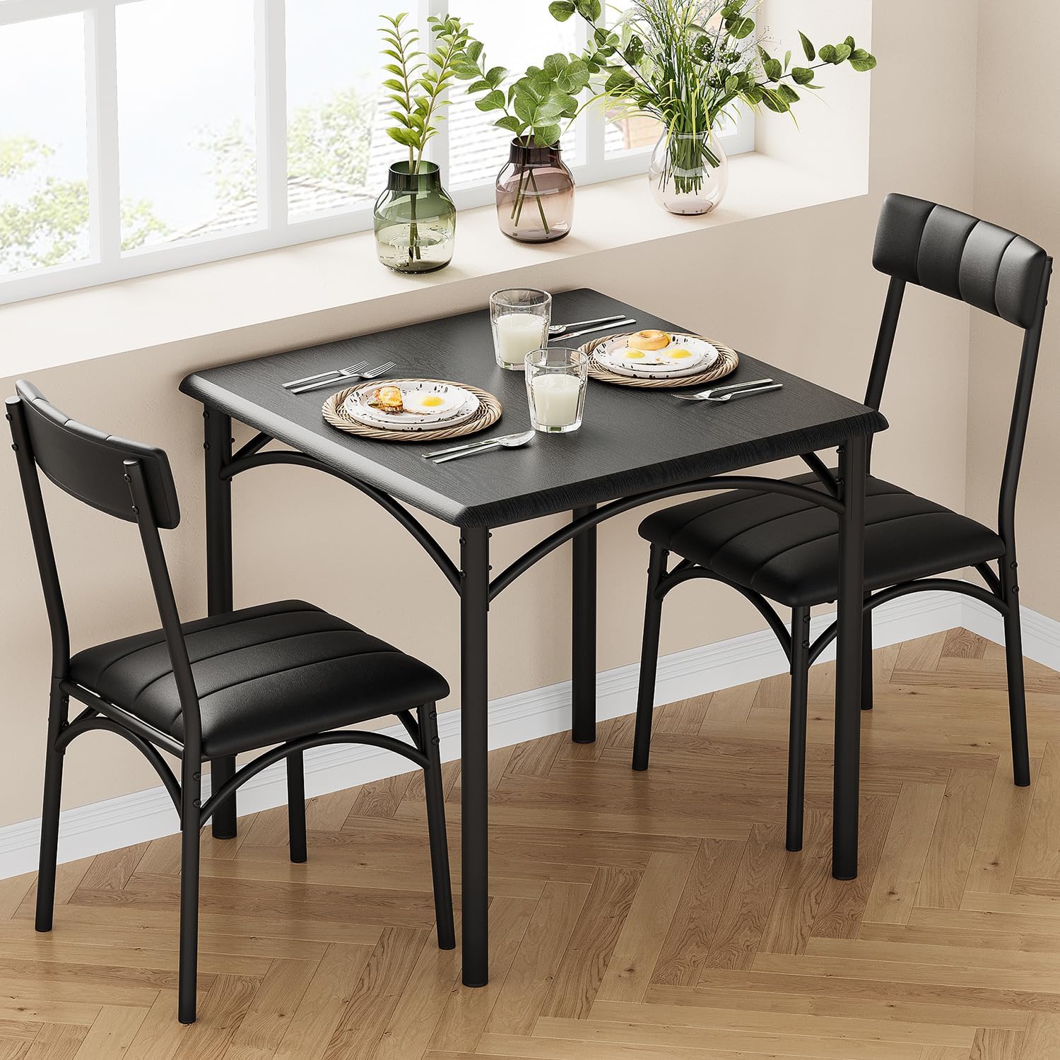 GAOMON Dining Table Set for 2, Kitchen Table and Chairs for 2 with Upholstered Chairs, 3 Piece Dining Room Table Set, Square Kitchen Table Set for Small Space, Apartment, Studio, Rustic Black