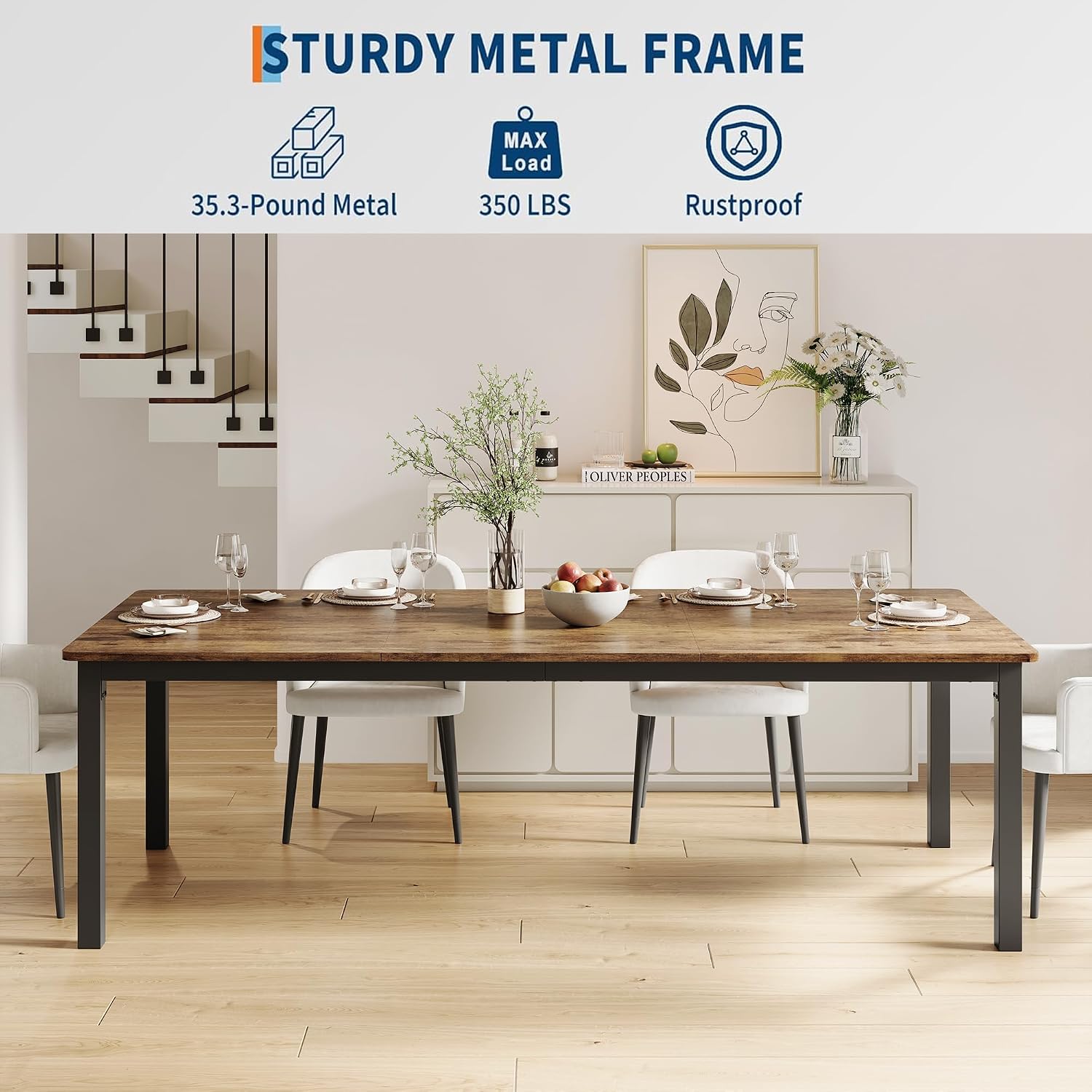 GarveeHome 78.7 in Industrial Dining Table for 6, Wooden Long Dinner Table with Mortise Tenon Design, Kitchen Table with Sturdy Metal Legs, for Dining Room Home Office Living Room, Retro