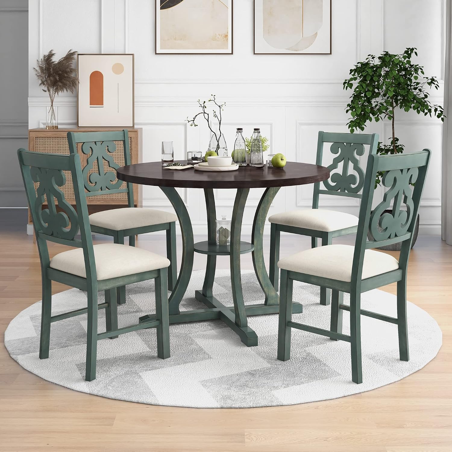 LUMISOL 5-Piece Dining Table Set for 4, Farmhouse Round Kitchen Table Set with Special Shaped Legs and 4 Upholstered Chairs for Kitchen, Dining Room, Small Space, Antique Blue