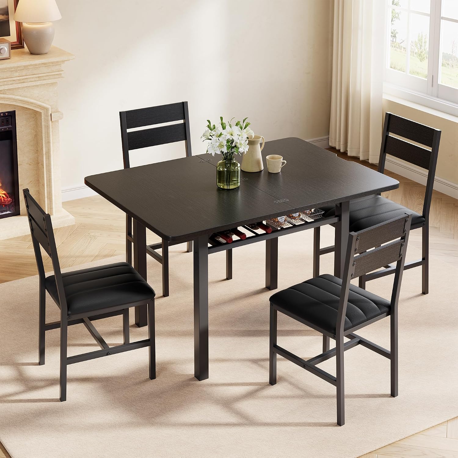 MapleGrace Dining Table Set for 4, Extendable Kitchen Table with 4 PU Leather Upholstered Dining Room Chairs, Wood Kitchen Table Set with Built-in Storage Rack for Dining & Small Spaces, Black