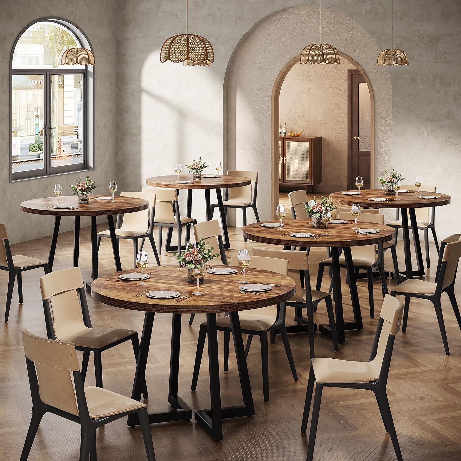 Tribesigns Round Commercial Dining Table Set of 6, 31.5' Heavy Duty Dinner Table with Metal Base, Wooden Kitchen Table for Restaurant, Cafe, Bakery, School, Apartment, Rustic Brown & Black
