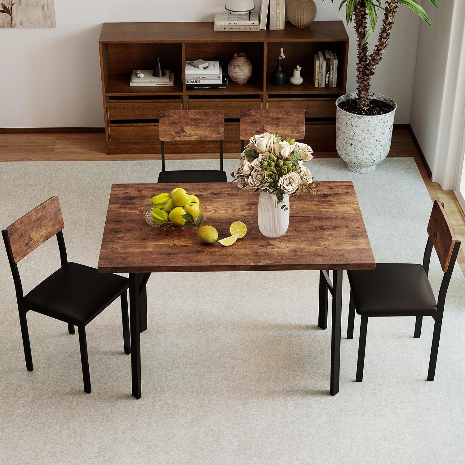 Giantex 5-Piece Dining Table Set for 4, Industrial Kitchen Table and 4 PU Leather Upholstered Chairs with Metal Leg, Padded Seat, Space-Saving Dinette Set for Small Space Apartment Breakfast Nook