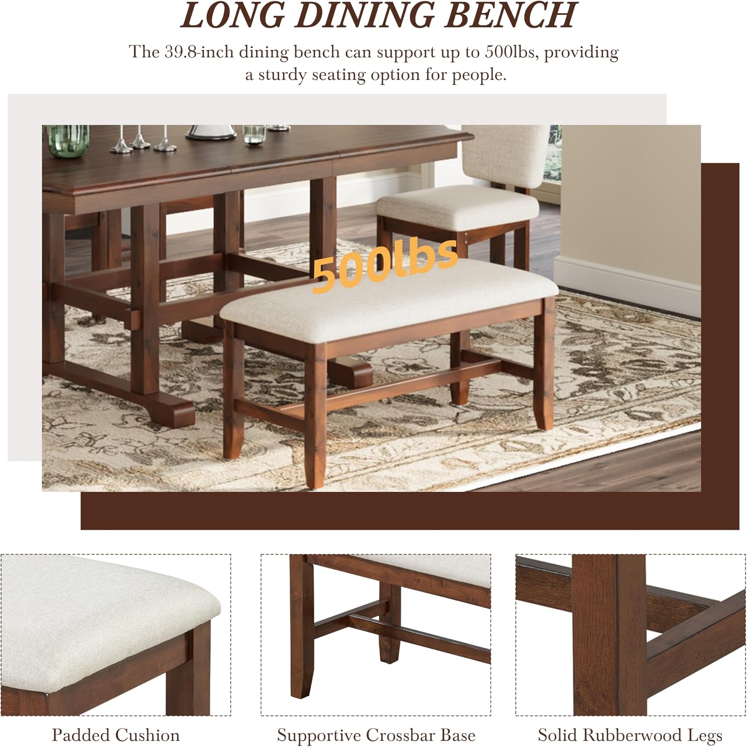Merax 6 Pieces Dining Table Set, Extendable Wood Dining Room Set with Bench, Kitchen Table Set with Removable Leaf and 4 Upholstered Dining Chairs, Espresso+Beige