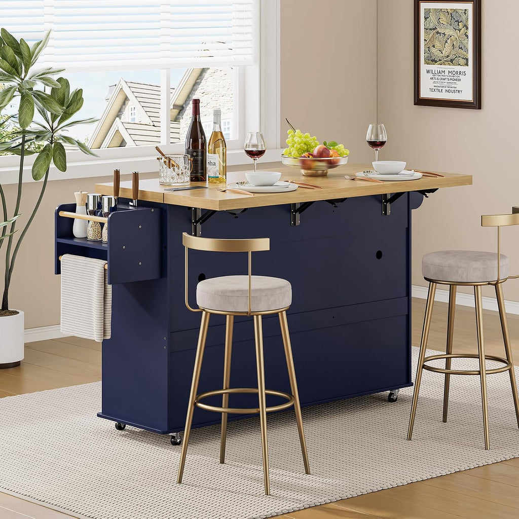 ONBRILL 60' Kitchen Island with Power Outlet & Drop Leaf, Mobile Storage Island with Spice Rack & Towel Rack, 4 Levels, Blue