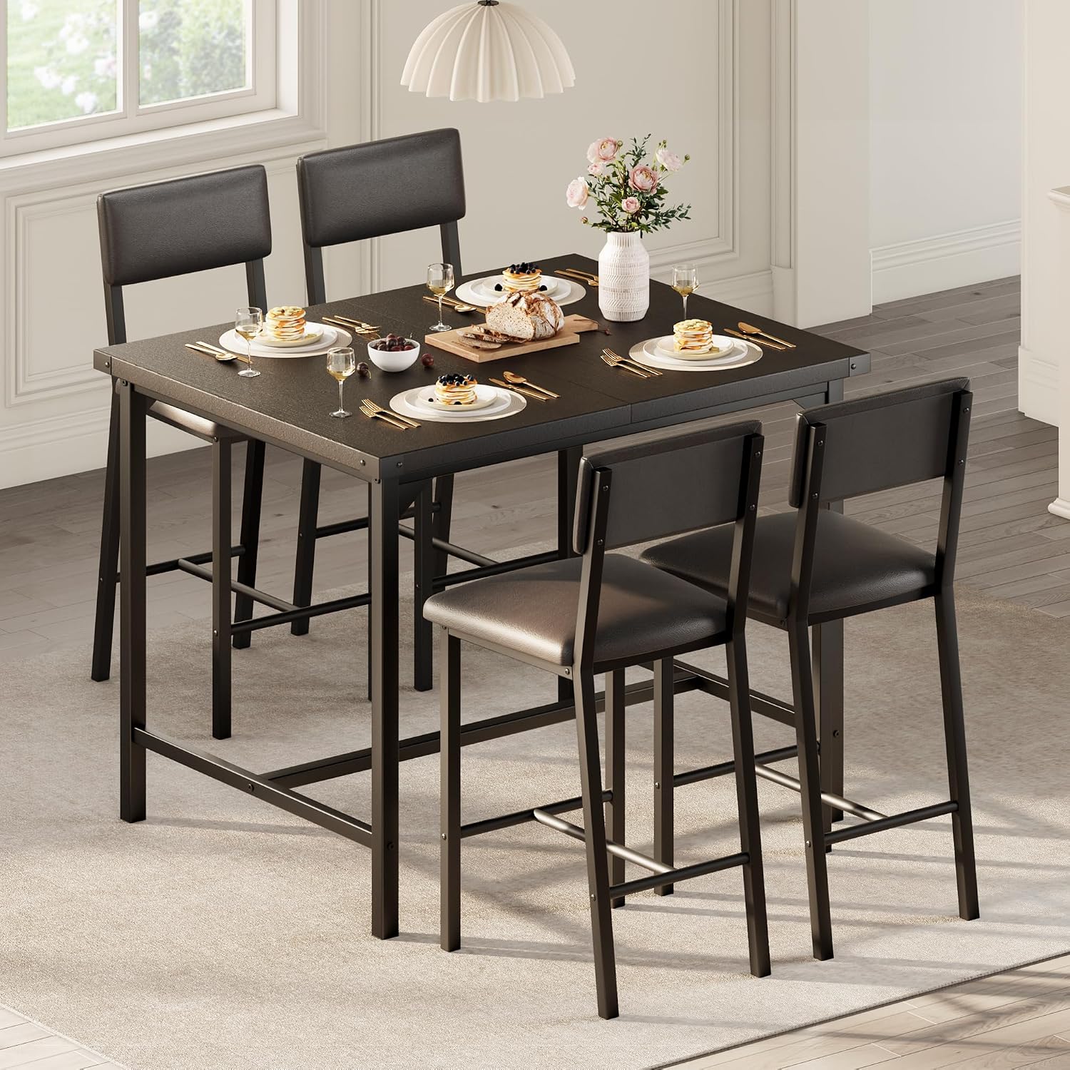 GarveeHome Dining Table Set for 4 w/Corner Protecto, Dining Room Table Set with Footrest & Backrest, Counter Height Table with 4 Upholstered Bar Stools, for Apartment, Pub, Rustic Black
