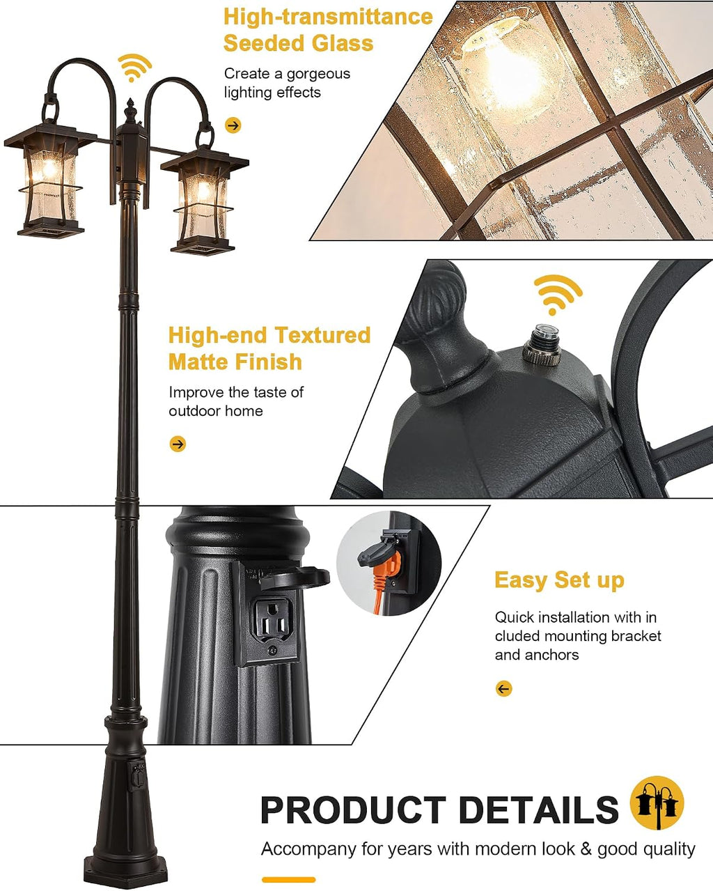 Dusk to Dawn Outdoor Lamp Post Light with Outlet, Electric 2-Head Outdoor Pole Light Farmhouse Street Light Post for Outside Waterproof Black Exterior Pillar Lantern for Garden Patio Driveway