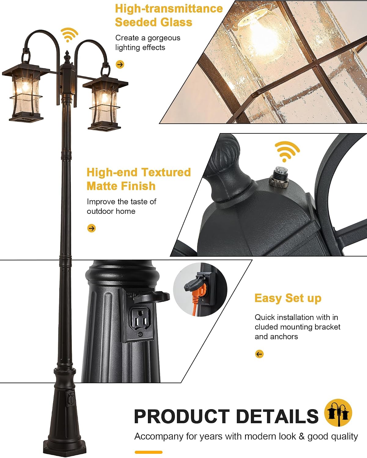 Dusk to Dawn Outdoor Lamp Post Light with Outlet, Electric 2-Head Outdoor Pole Light Farmhouse Street Light Post for Outside Waterproof Black Exterior Pillar Lantern for Garden Patio Driveway