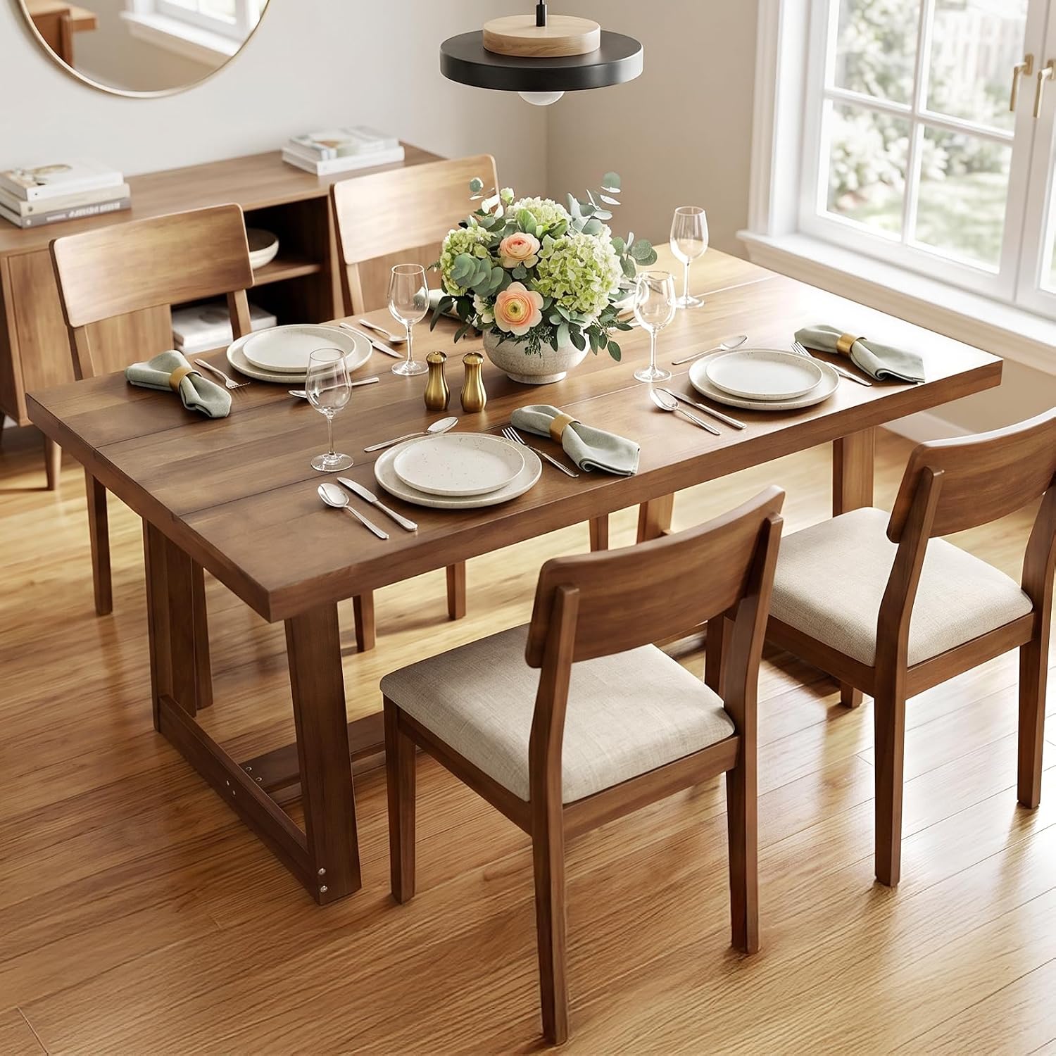 VINGLI 48 Inch Farmhouse Dining Table for 4-6, Solid Pine Wood Table with 4 Corner Protectors, Rectangular Dining Table for Kitchen, Dining Room, Small Apartment, Studio, Family Dinner, Walnut