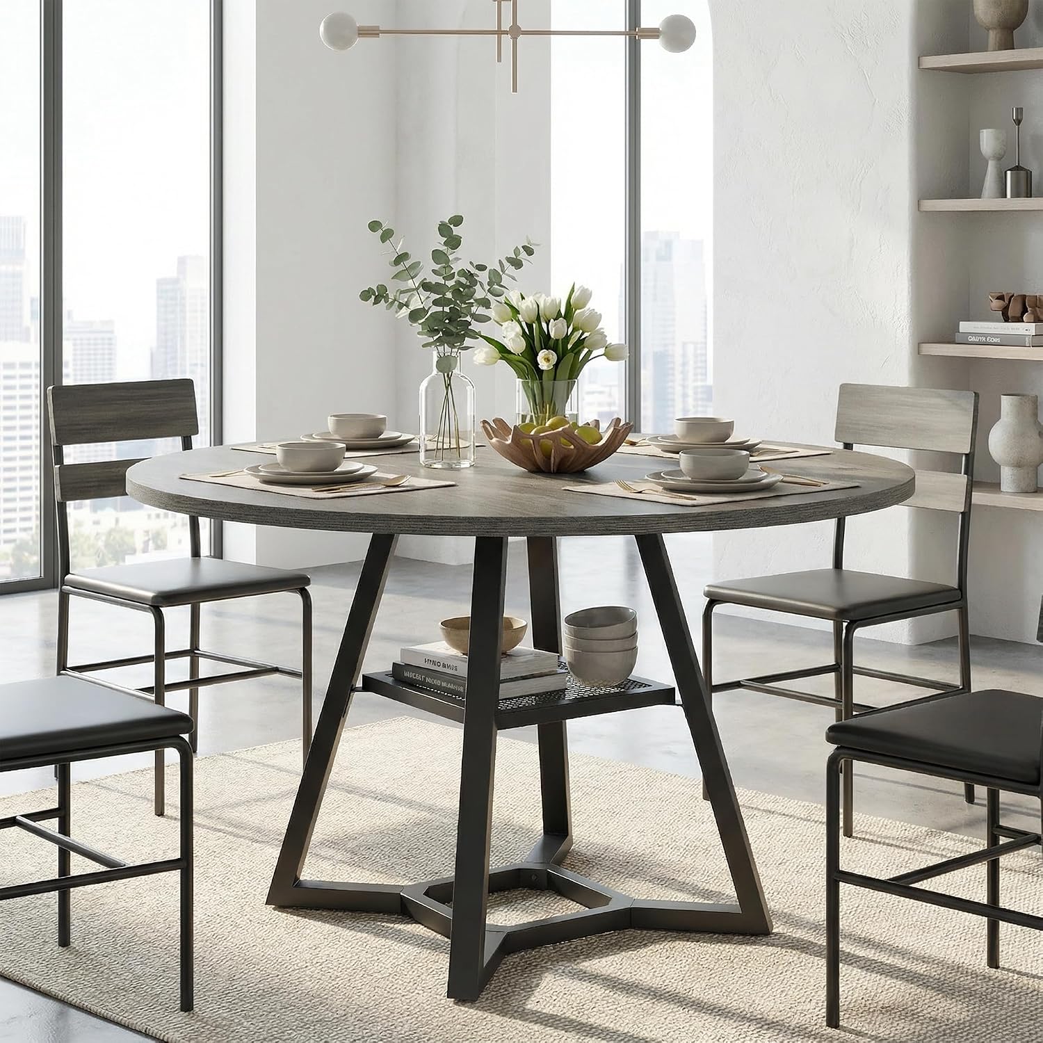 knoworld Round Dining Table for 4-6 with Storage Shelf, Kitchen & Dining Room Circle Pedestal Table,Heavy Duty Metal Frame & Wood Top