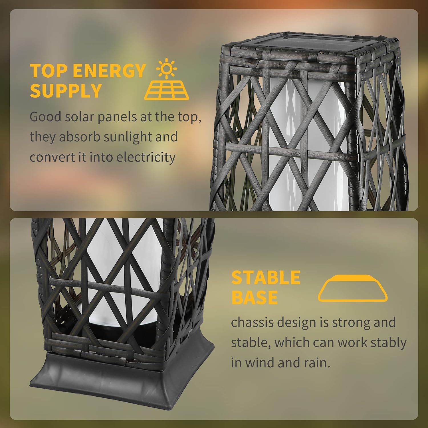 Solar Powered Outdoor Floor, 2 Piece Outdoor Floor Lamps, Solar Lanterns Waterproof, Resin Wicker Weather-Resistant Rattan Deck Light for Patio, Lawn, Porch, Garden
