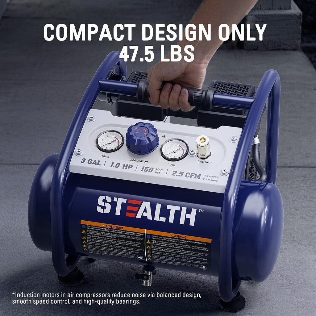 STEALTH Air Compressor 3 Gallon, Quiet Air Compressor, Oil-Free Air Tool, for Tire Inflator, Auto Repair, Woodwork Nailing (SAQ-1301)