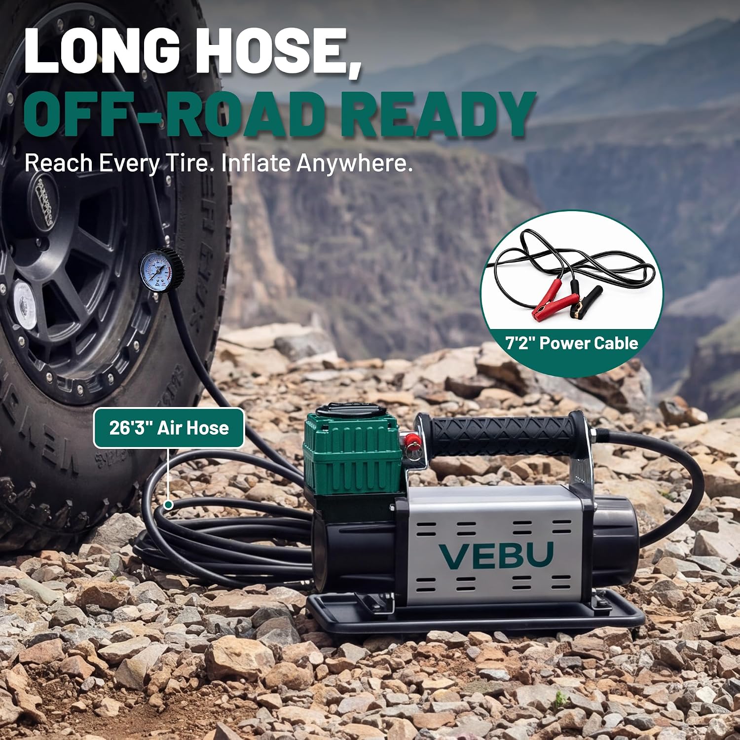 12V Air Compressor, 125PSI Tire Inflator with In-line Pressure Gauge, 5.65CFM Fast Inflation for Off-road Vehicles, Trucks, SUVs, RVs, ATVs, DC Power, Corded Electric