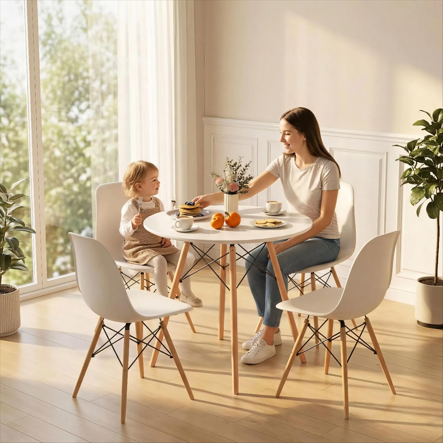 Tangkula Round Dining Table Set for 4, Modern Circle Kitchen Table & 4 Chairs with Ergonomic Seats and Solid Wood Legs, 5-Piece Dining Room Set for Small Spaces, Kitchen, Living Room