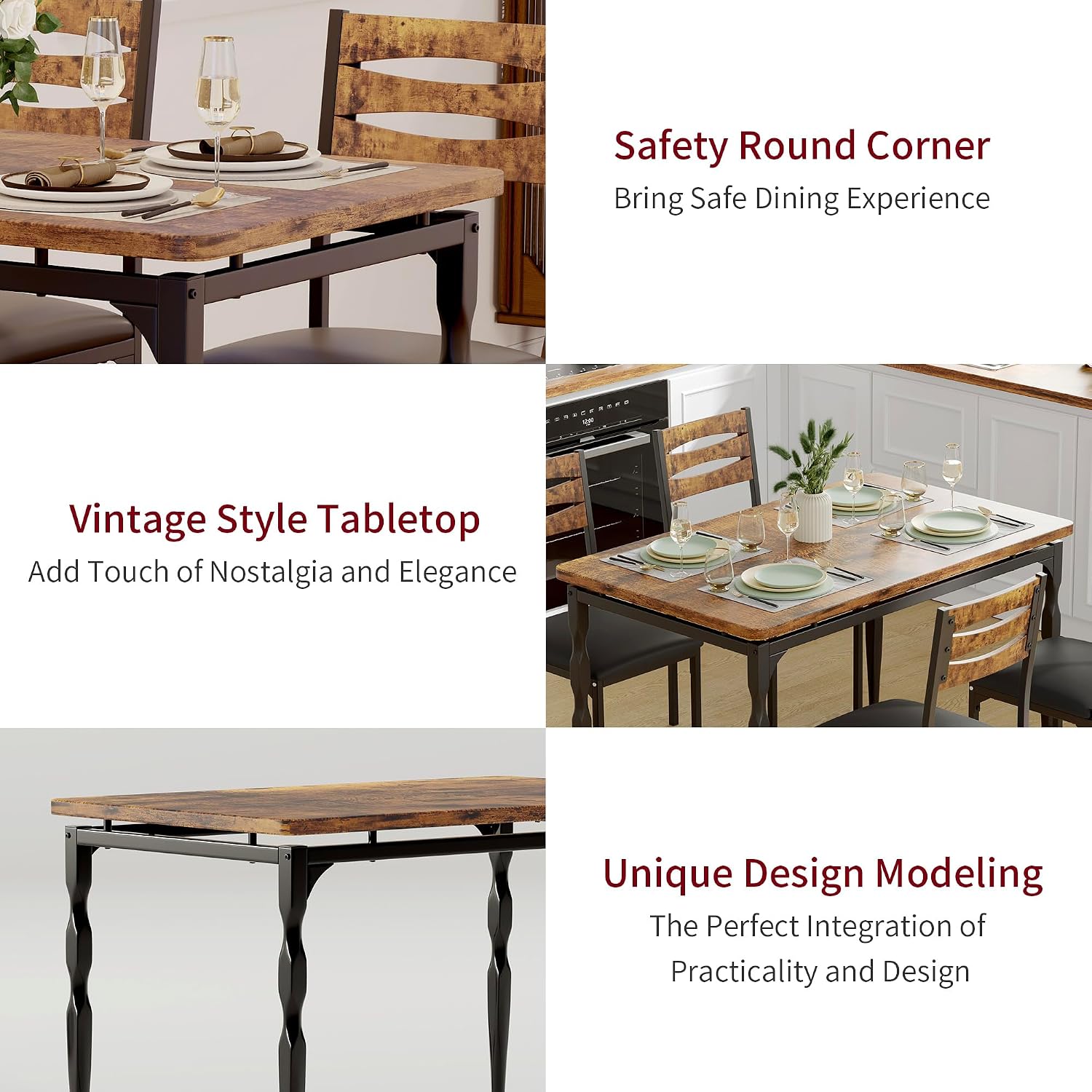 Garvee 5 Piecs Dining Table Set, Farmhouse Style Dining Table and Chairs Set for 4, Dining Set for Dining Room Kitchen Apartment, Brown
