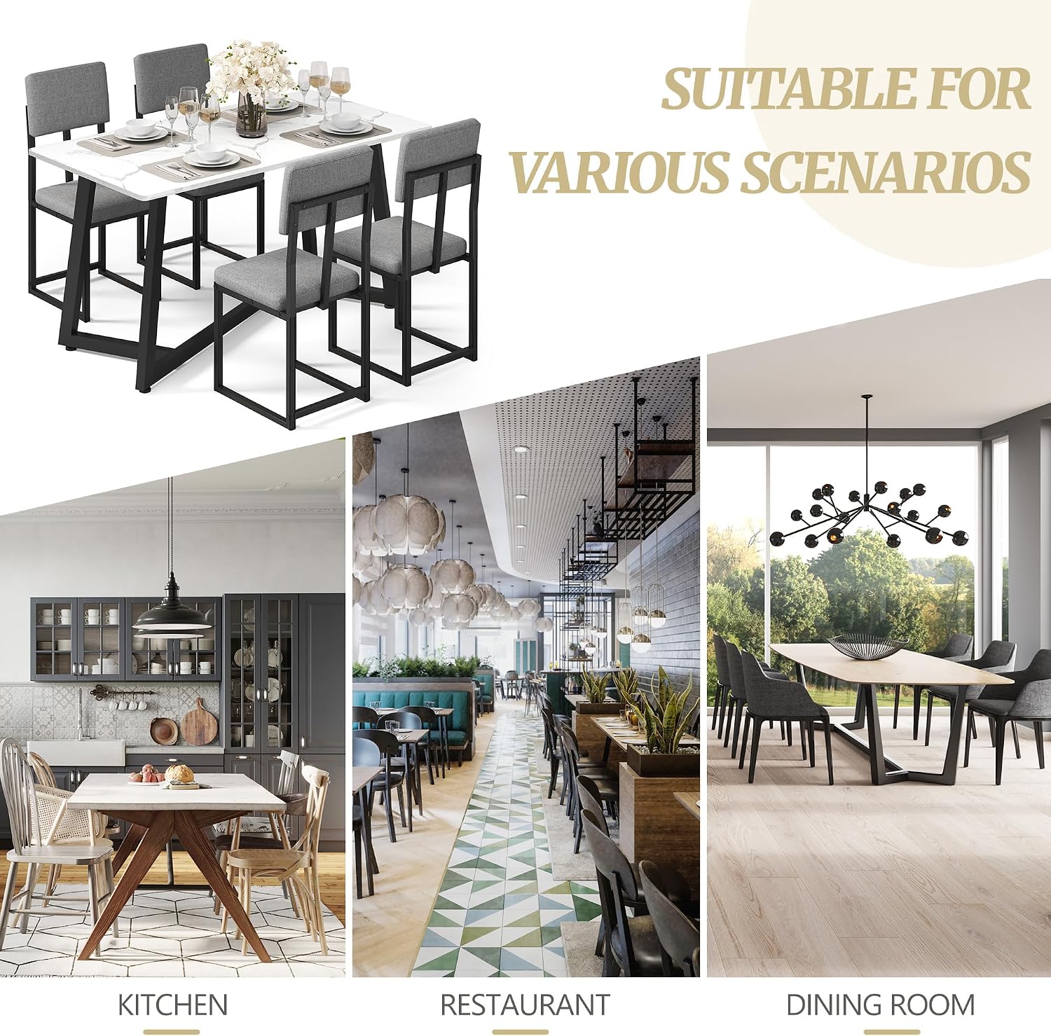 5-Piece Dining Table Set for 4, Faux Marble 47.24' Kitchen Table with 4 Linen Upholstered Chairs, Sturdy & Easy-to-Clean Small Dining Table Set for Apartments & Small Spaces