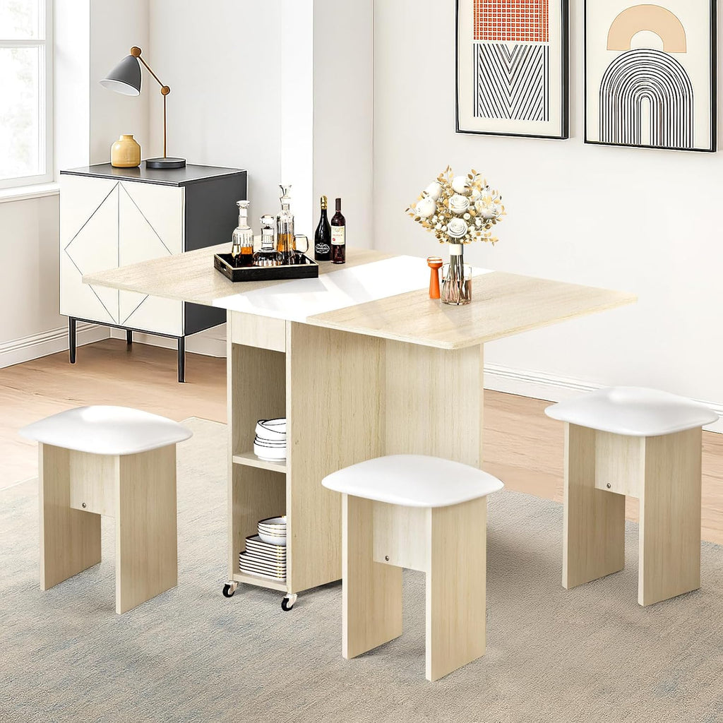 AWQM Foldable Dining Table Set for 4,Folding Dining Table with 4 Leather Chairs & Storage,Drop Leaf Dinner Table with 6 Wheels,Folding Kitchen Table and Chairs Set for Small Spaces,Beige
