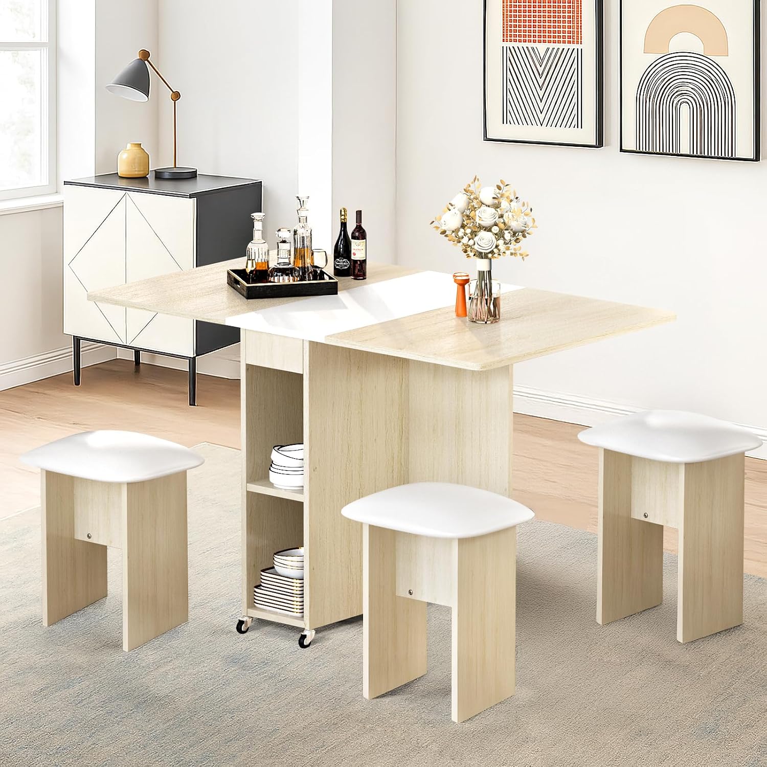 AWQM Foldable Dining Table Set for 4,Folding Dining Table with 4 Leather Chairs & Storage,Drop Leaf Dinner Table with 6 Wheels,Folding Kitchen Table and Chairs Set for Small Spaces,Beige