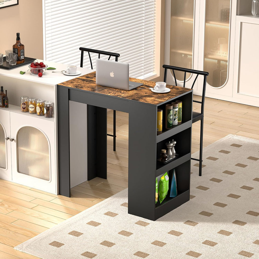 VECELO Small Bar Table and Chairs Tall Kitchen Breakfast Nook with Stools/Dining Set for 2, Storage Shelves, Space-Saving, Retro
