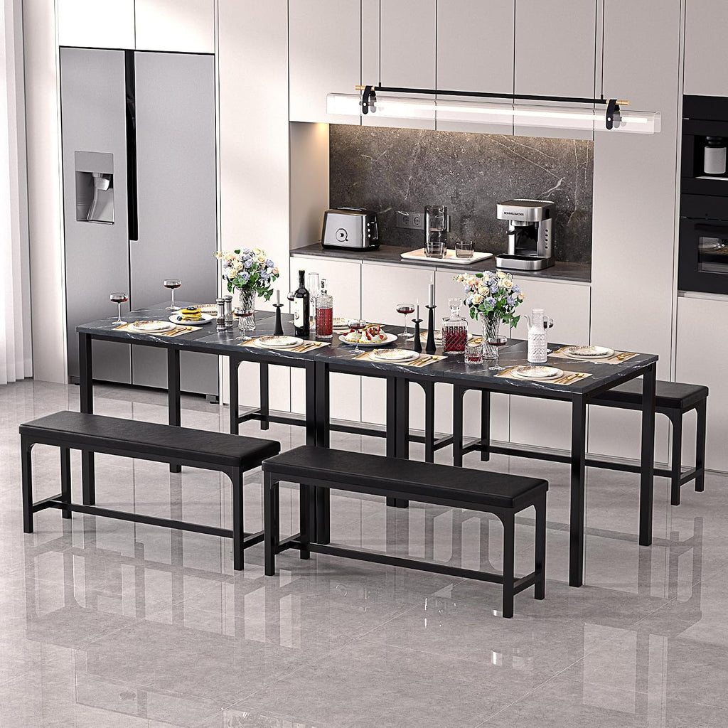 VECELO 3-Piece 63' Extendable Kitchen Table with Benches/Chairs, Modern Breakfast Dinette/Dining Room Set for 4/6/2, Small Space Saving Design, Easy Assembly