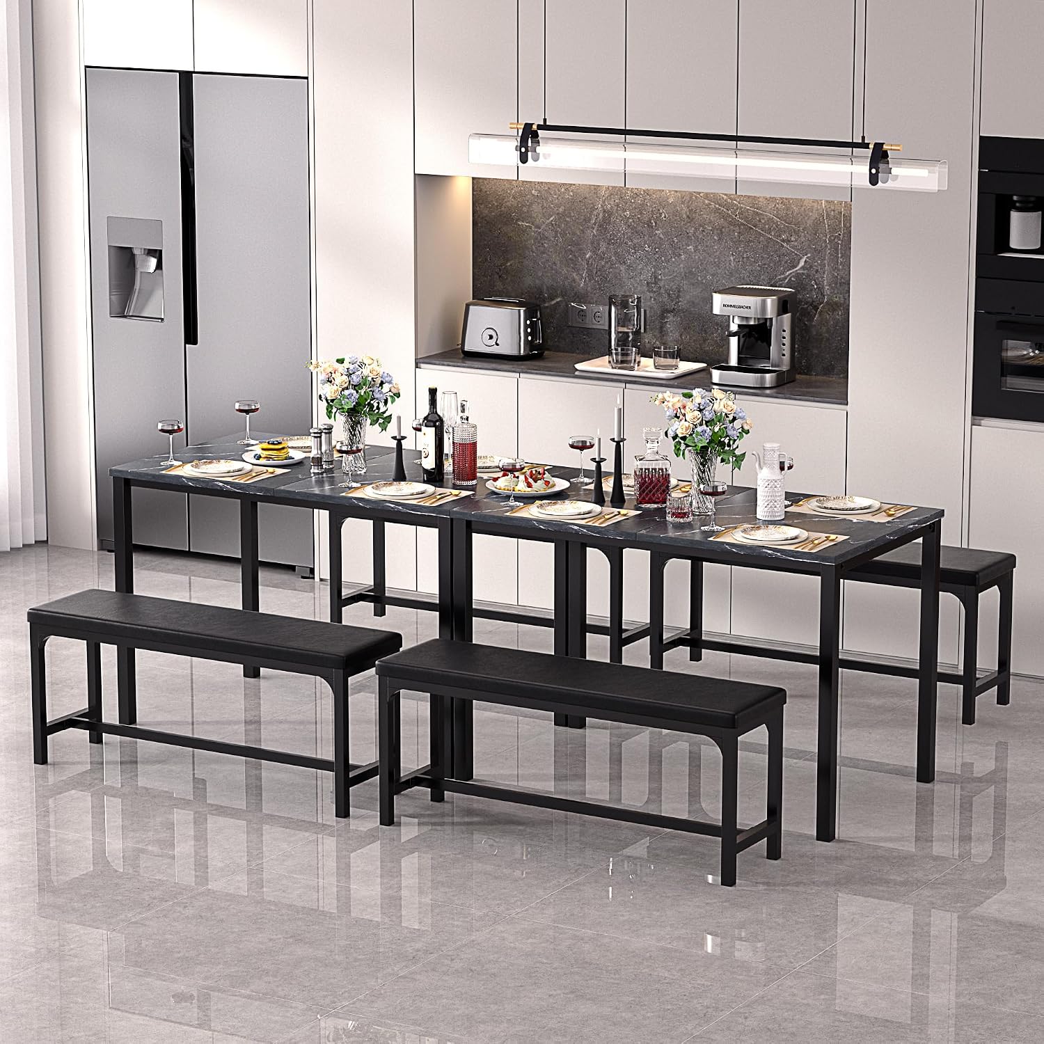 VECELO 3-Piece 63' Extendable Kitchen Table with Benches/Chairs, Modern Breakfast Dinette/Dining Room Set for 4/6/2, Small Space Saving Design, Easy Assembly