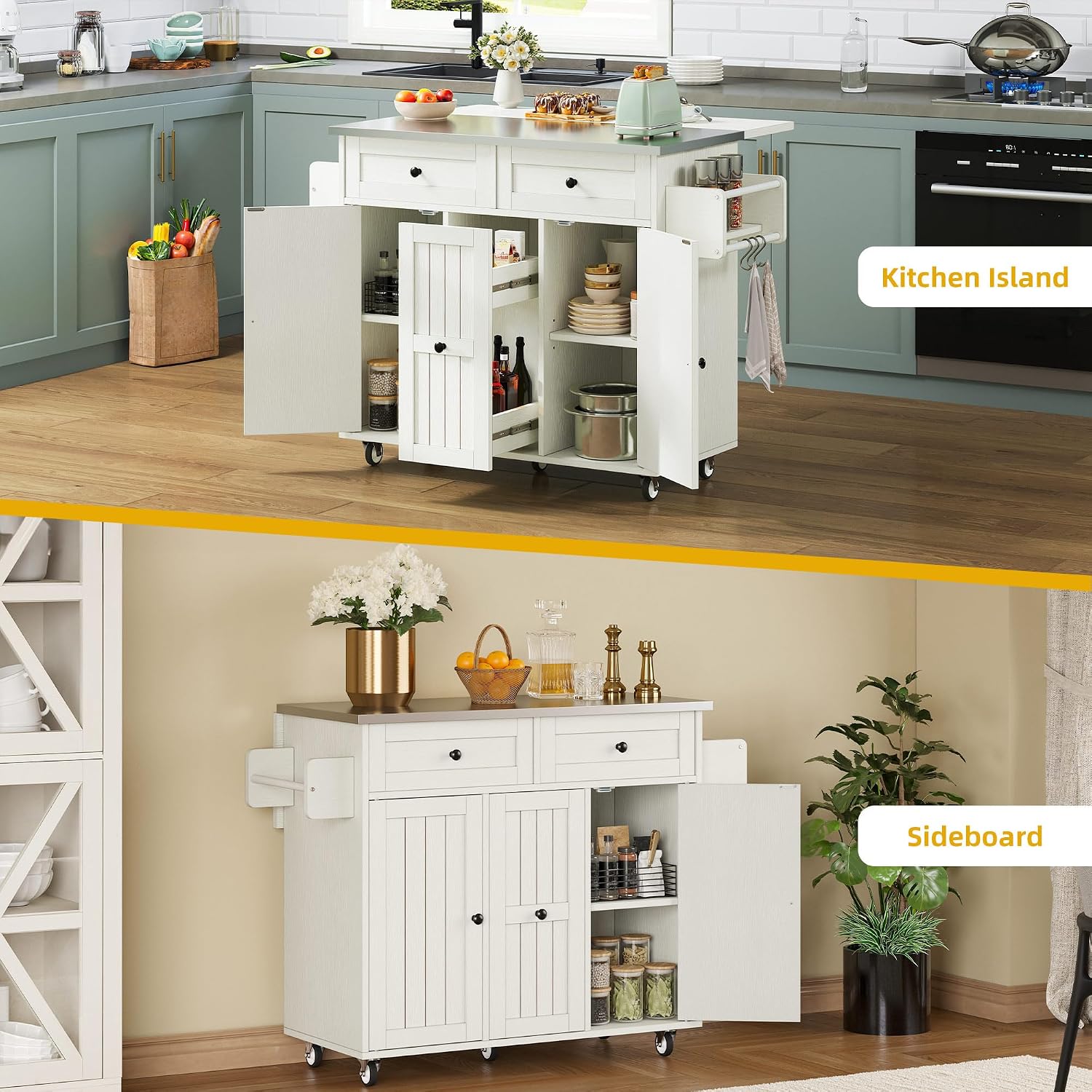 DWVO Kitchen Island with Seating, Mobile Kitchen Storage Island with Drop Leaf Countertop, Large Kitchen Island Table with Drawers, Cabinets, Bar Stools, Towel Rack and Spice Rack, White