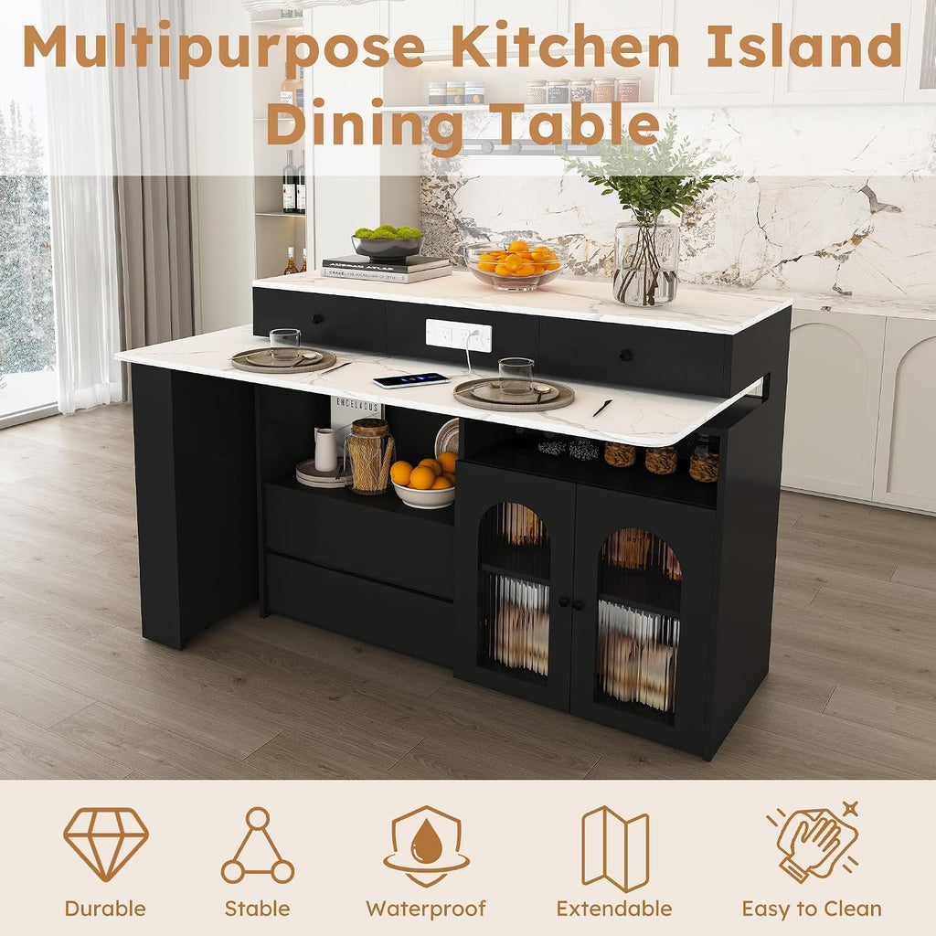 KEIKI Kitchen Island with Extendable & Rotating Table, Expandable Dining Station for 2-4, Kitchen Storage Islands with 4 Drawers & Glass Door Cabinets & Built-in Socket for Dining Room, Black