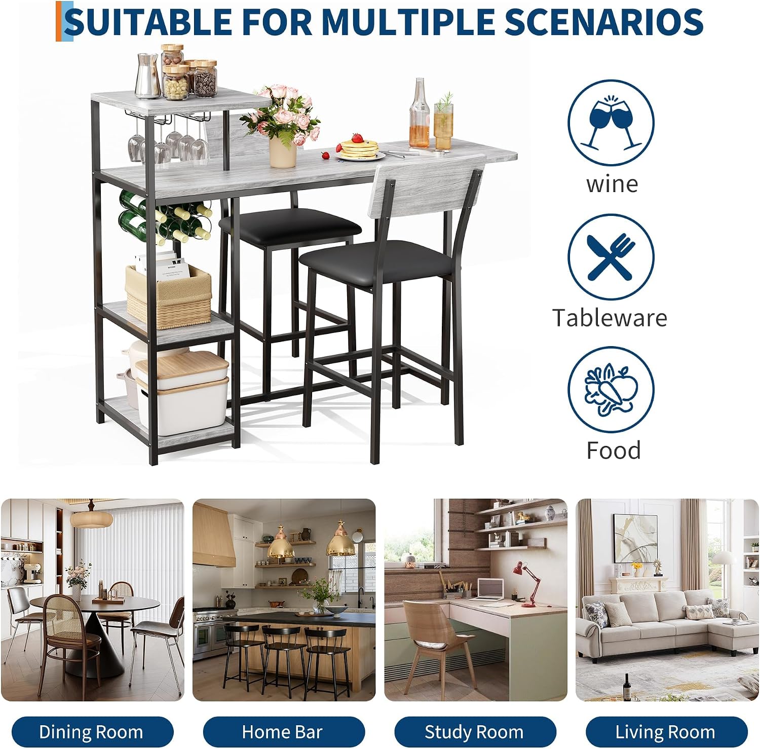 Garvee Dining Table Set for 2, 3-Piece Expandable Bar Table and Chairs Set, with Storage Shelves and Wine Rack, Small Kitchen Dining Set for Living Room, Apartment