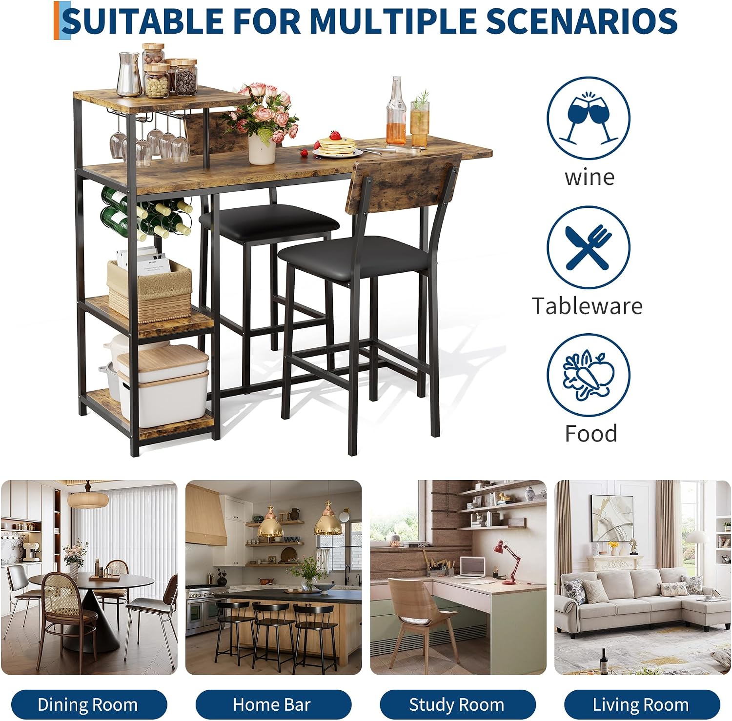 Garvee Dining Table Set for 2, 3-Piece Expandable Bar Table and Chairs Set, with Storage Shelves and Wine Rack, Small Kitchen Dining Set for Living Room, Apartment