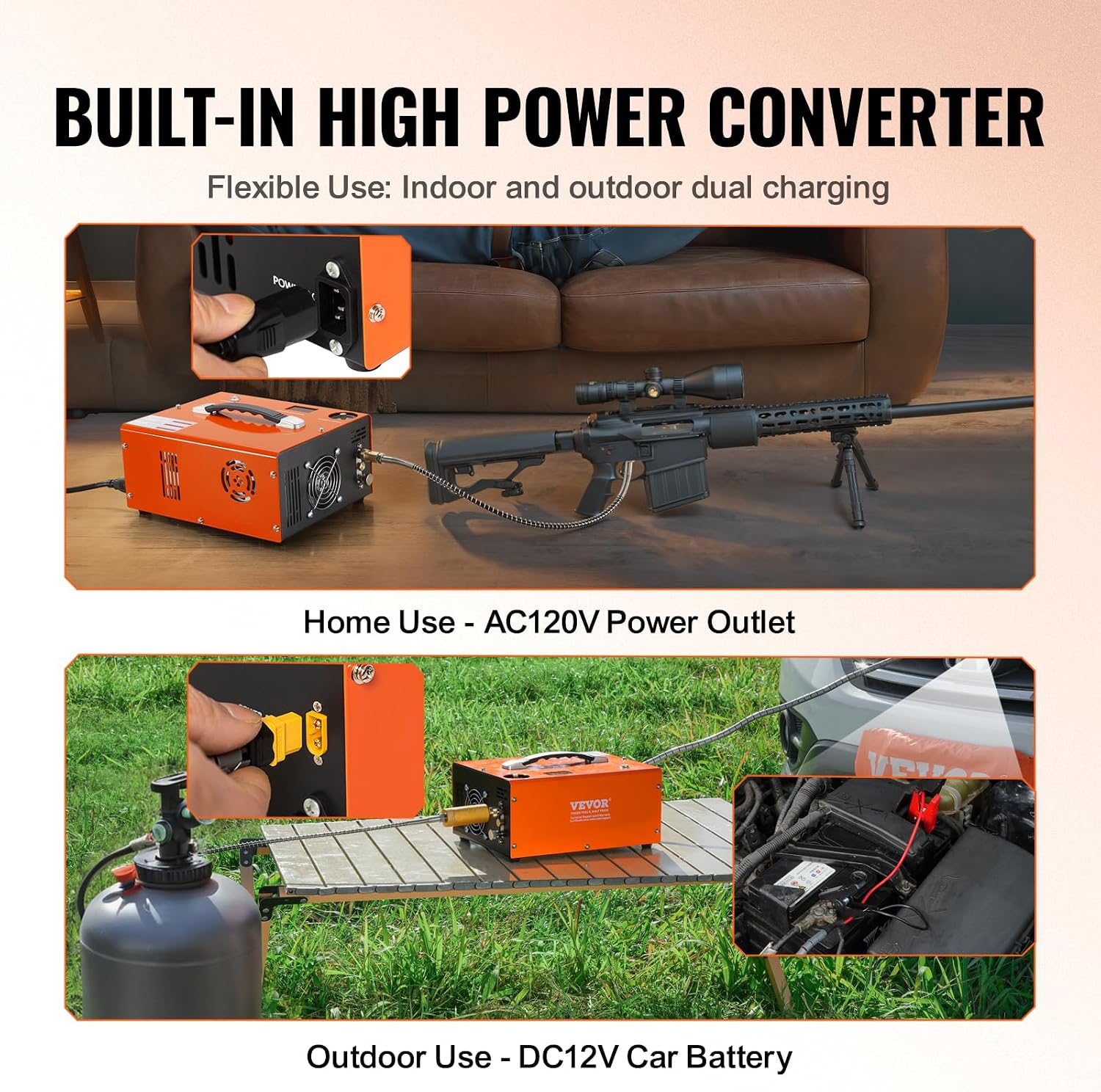 VEVOR PCP Air Compressor, 4500PSI Portable PCP Airgun Compressor with Built-in Converter, Auto-Stop | DC12V/AC120V | Oil & Water-Free Paintball Tank Compressor Pump for Air Rifle, Scuba Diving Bottle