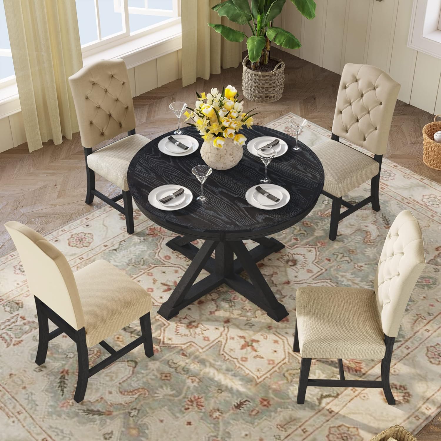 Bellemave Extendable Dining Table Set for 4, 5-Piece Round Table Set with 4 Chairs, Circle Table with Upholstered Chairs, Oval Kitchen Table Set with Extendable Table (Espresso)