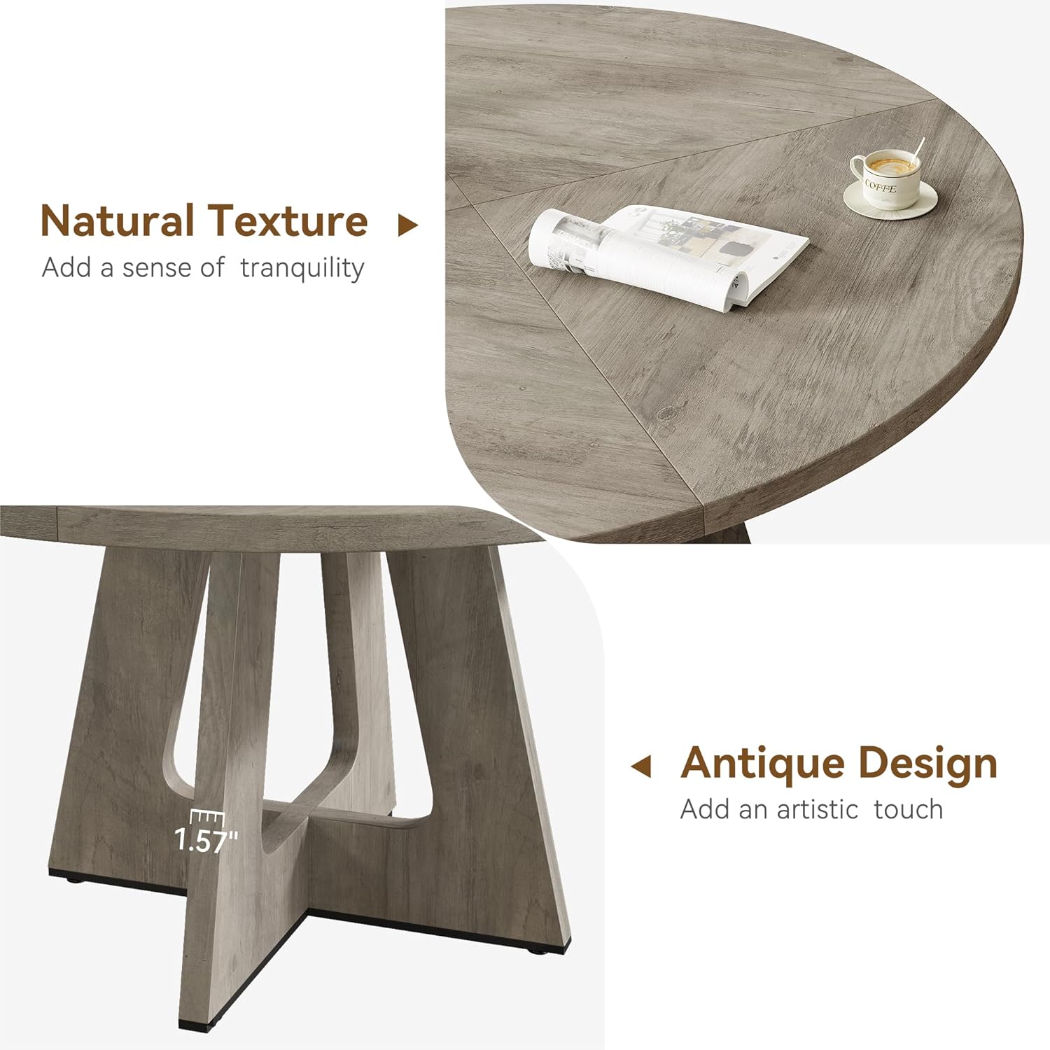 IDEALHOUSE 47' Round Dining Table Set for 4 to 6, Farmhouse Kitchen Table with Wooden Top and Pedestal Base, Circle Dinner Table for Dining Room, Kitchen Room - Grey (No Chairs)