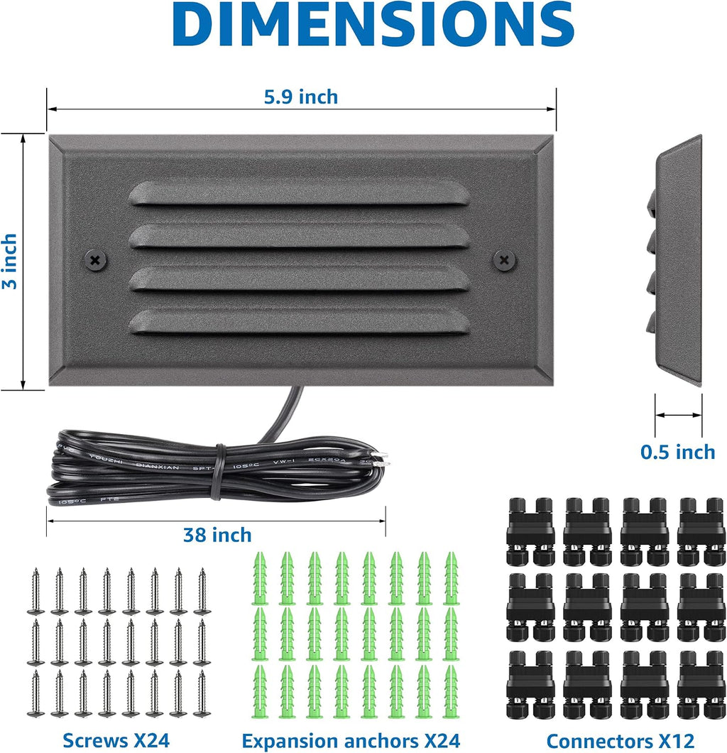 SUNVIE Low Voltage Step Lights Outdoor 5W LED Stair Lights with Horizontal Louver Faceplate Deck Lights for Steps Stairs Fences 12V 3000K 3.2FT ETL Listed Wire, Fastlock2 Connectors Included, 12 Pack
