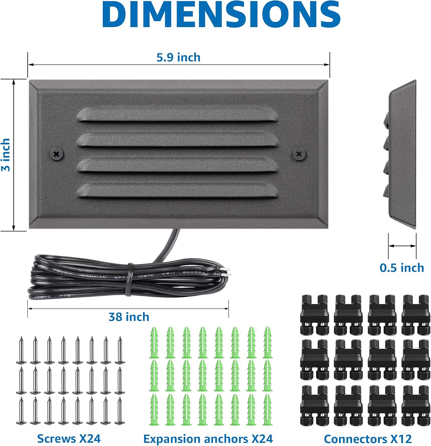 SUNVIE Low Voltage Step Lights Outdoor 5W LED Stair Lights with Horizontal Louver Faceplate Deck Lights for Steps Stairs Fences 12V 3000K 3.2FT ETL Listed Wire, Fastlock2 Connectors Included, 12 Pack